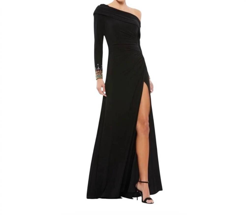 NEW MAC DUGGAL women's beaded cuff off shoulder gown in black